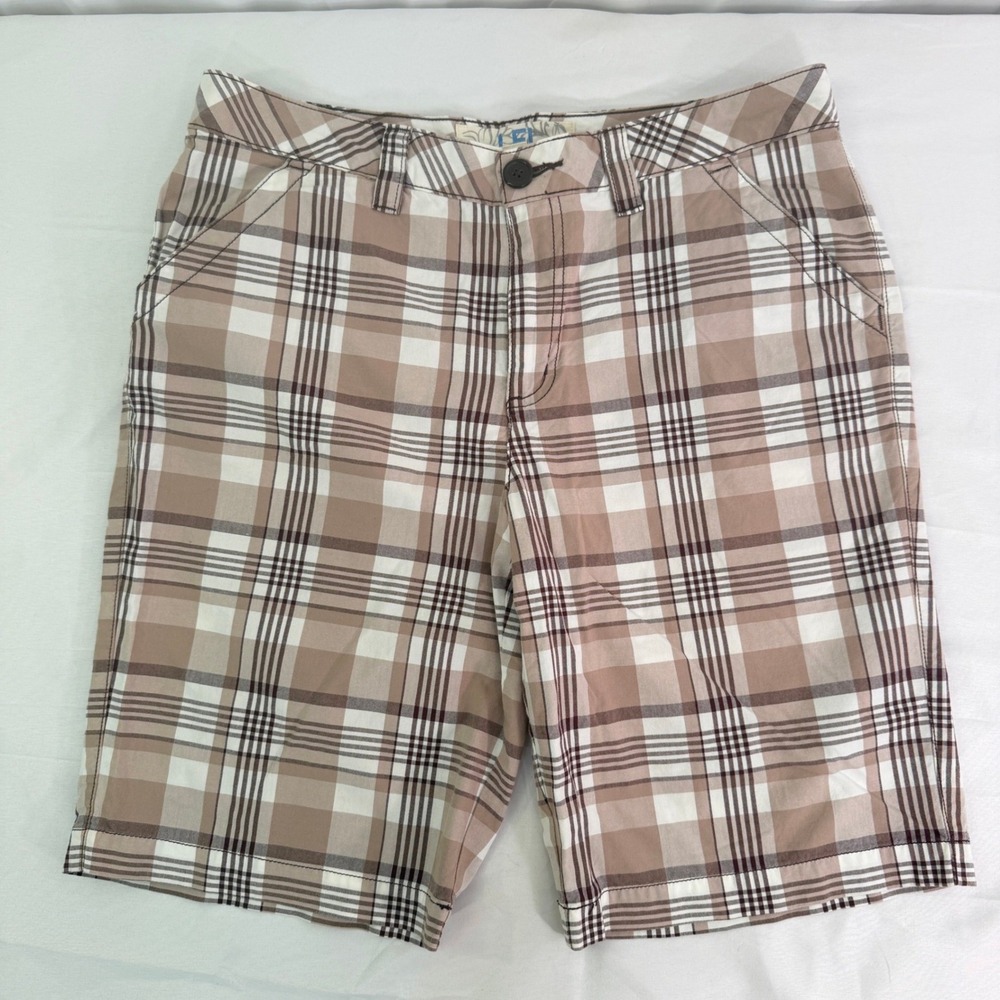 LEI 1982 Mens Plaid Shorts Brown Tan White Cotton Casual Flat Front Size 12